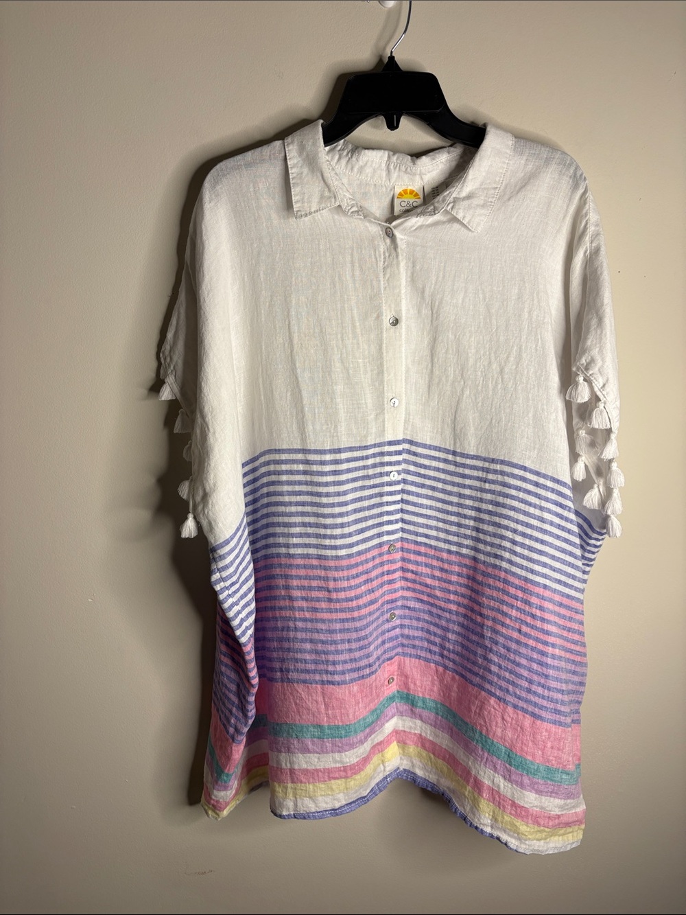 C&C California White Button-Front Tunic with Pastel Stripes